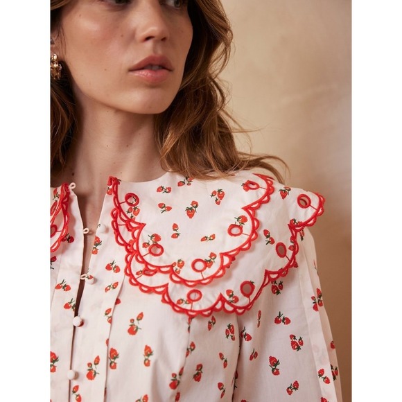 Mint Velvet Strawberry Print Scalloped Collar Blouse Pink/Red Women's Size 6 - Picture 3 of 12